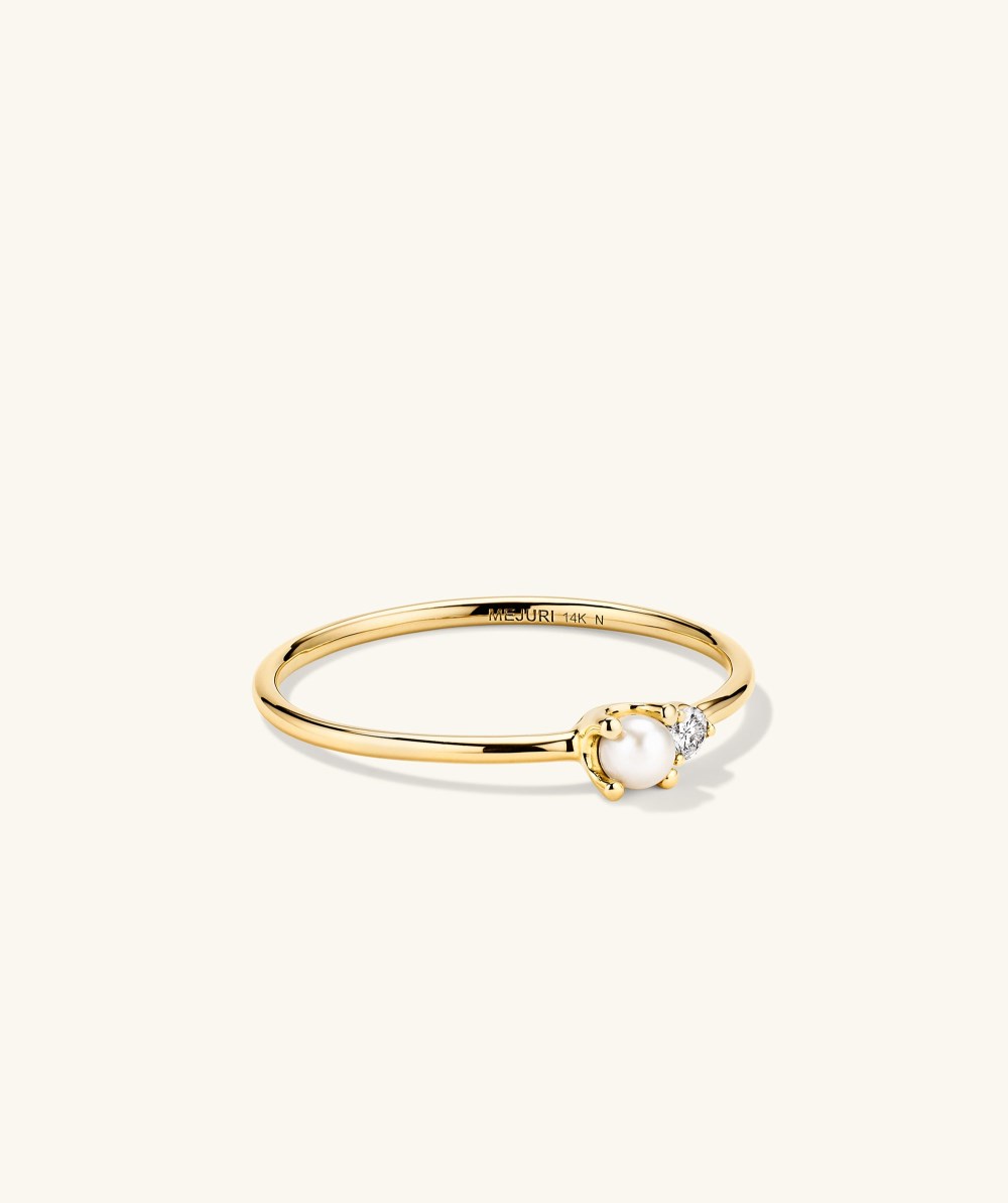 Mejuri Pearl and Diamond Stacker Ring - 14k Yellow Gold