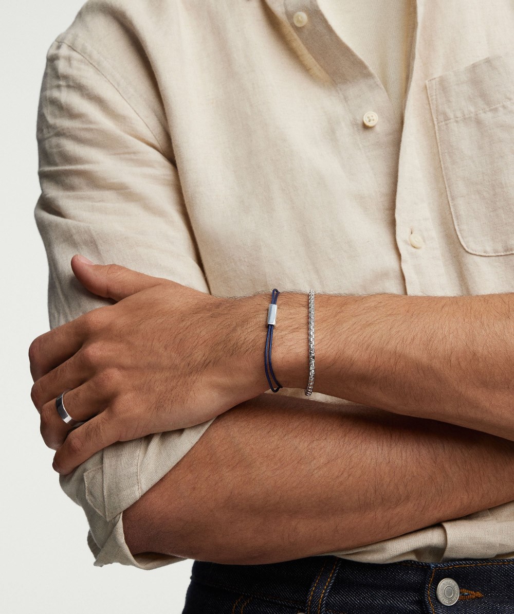 Mejuri Bar Cord Bracelet - Sterling Silver, Blue Cord