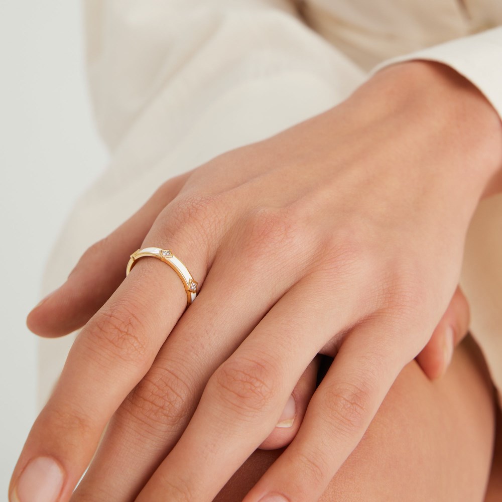 Mejuri Angled Diamond Station Enamel Ring - 14k Yellow Gold, White Enamel