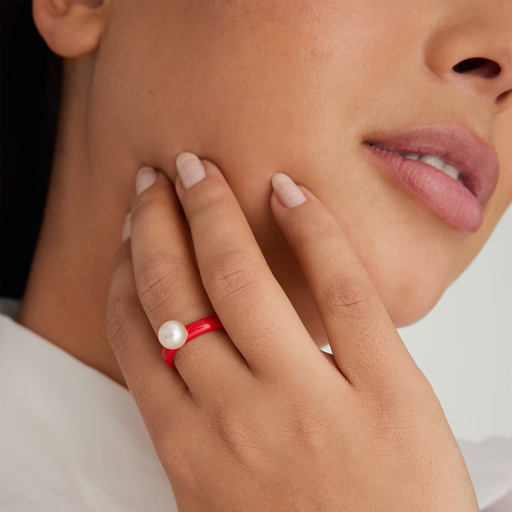 Mejuri Gumball Pearl Ring - Gold Vermeil, Candy Red Enamel